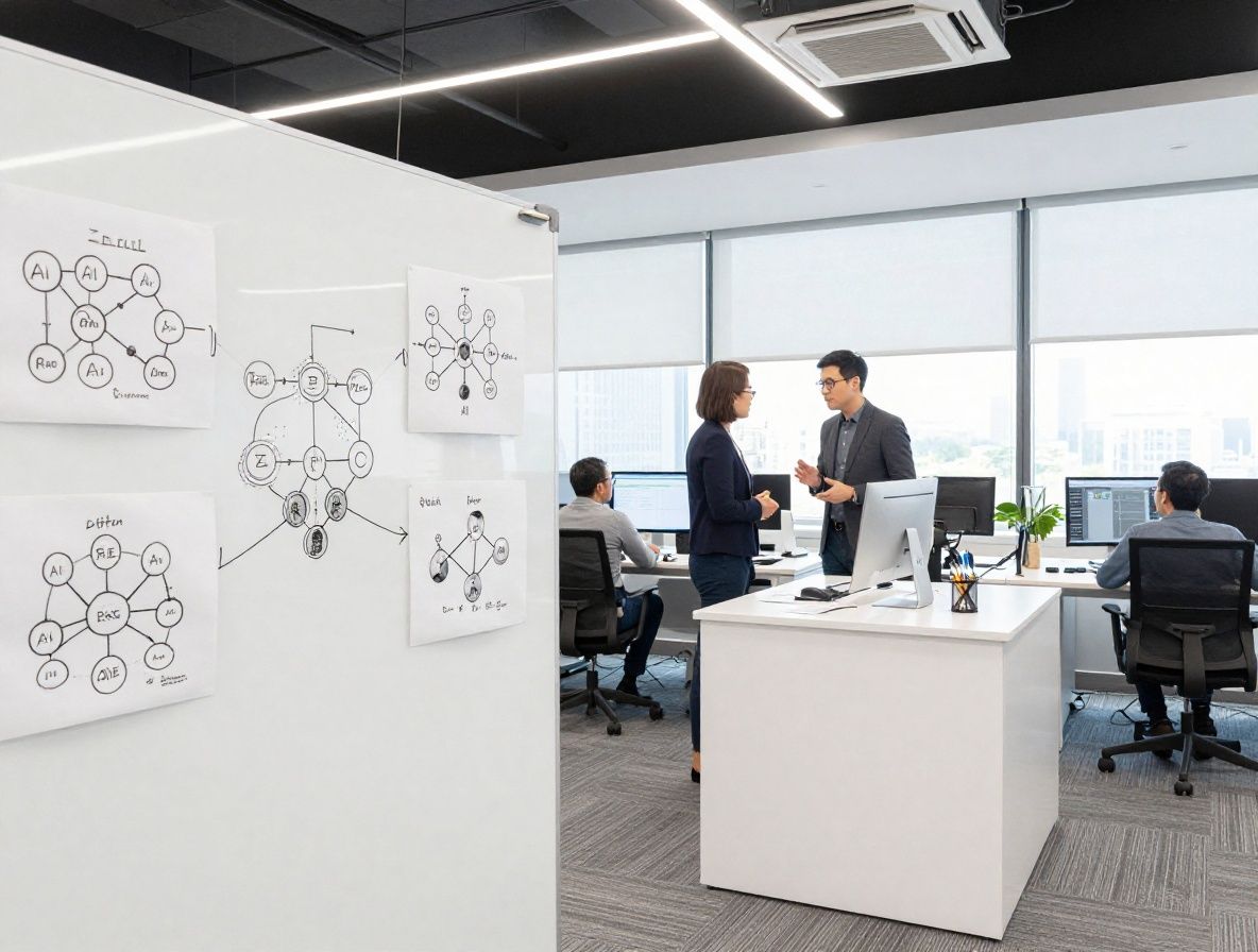 Open modern office space with whiteboards covered in AI architecture diagrams and neural network sketches, team members discussing in background