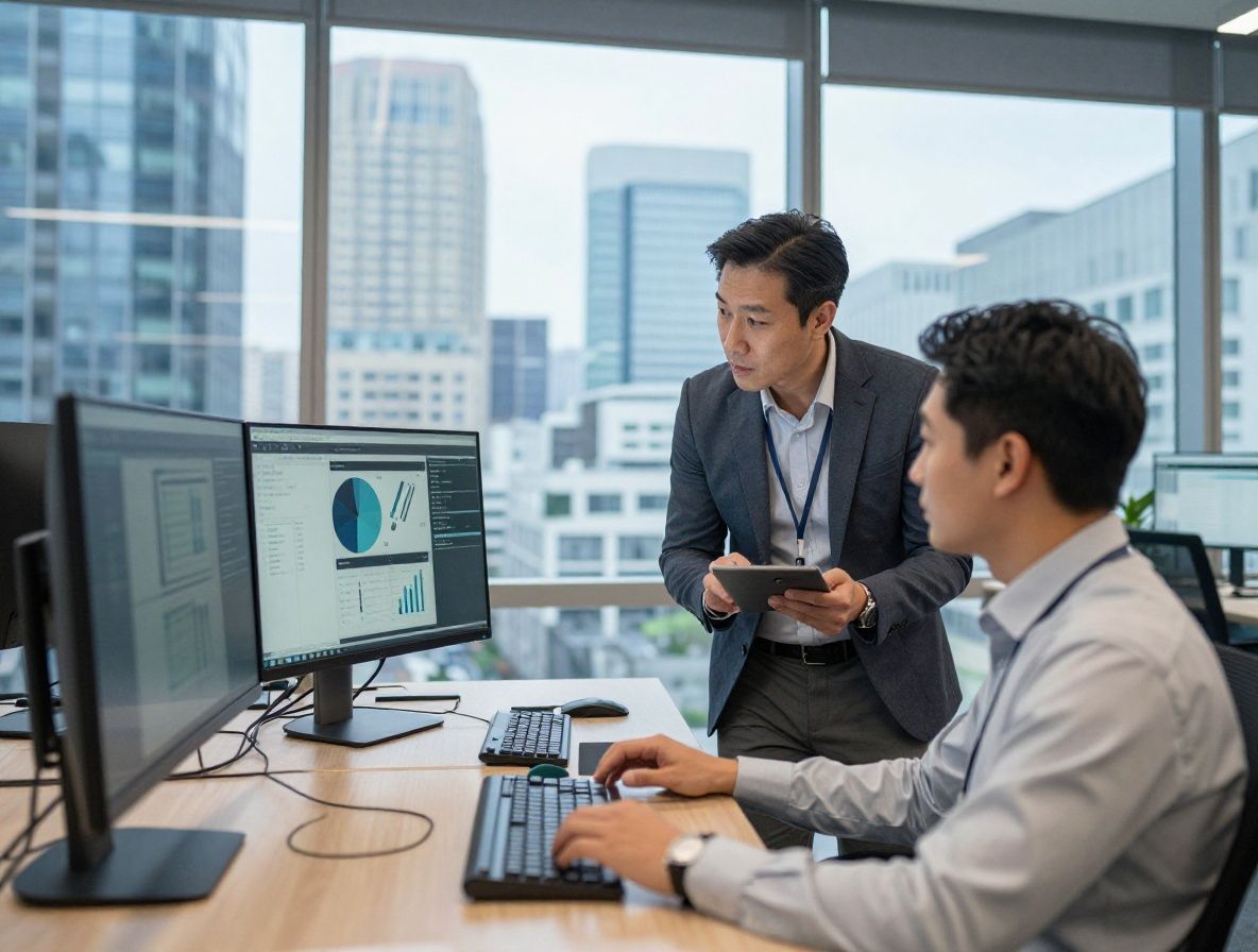 Professional AI researchers and data scientists collaborating around large monitor displays in modern tech office in Los Angeles with city view