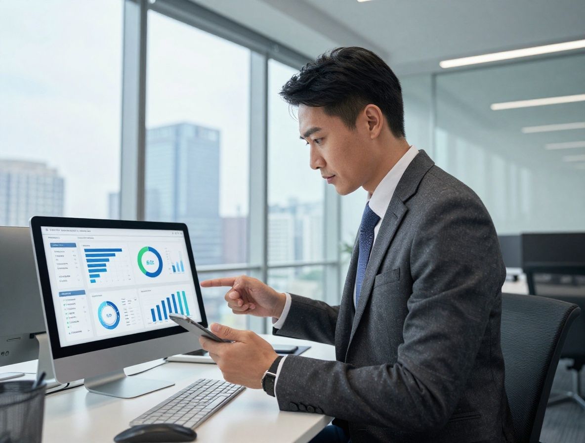 Business executive reviewing AI-generated analytics dashboard on tablet in modern corporate boardroom with skyline view