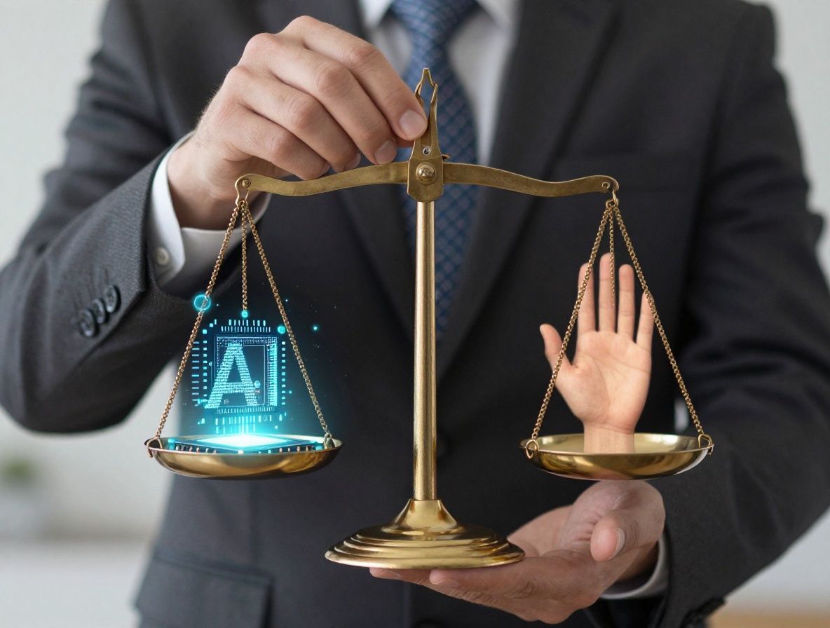 Scales of justice made of glowing digital particles balancing an AI chip and human hand symbolizing artificial intelligence ethics and responsibility