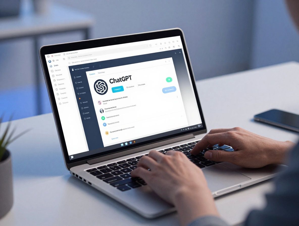 ChatGPT interface displayed on laptop screen in modern office environment with soft blue ambient lighting