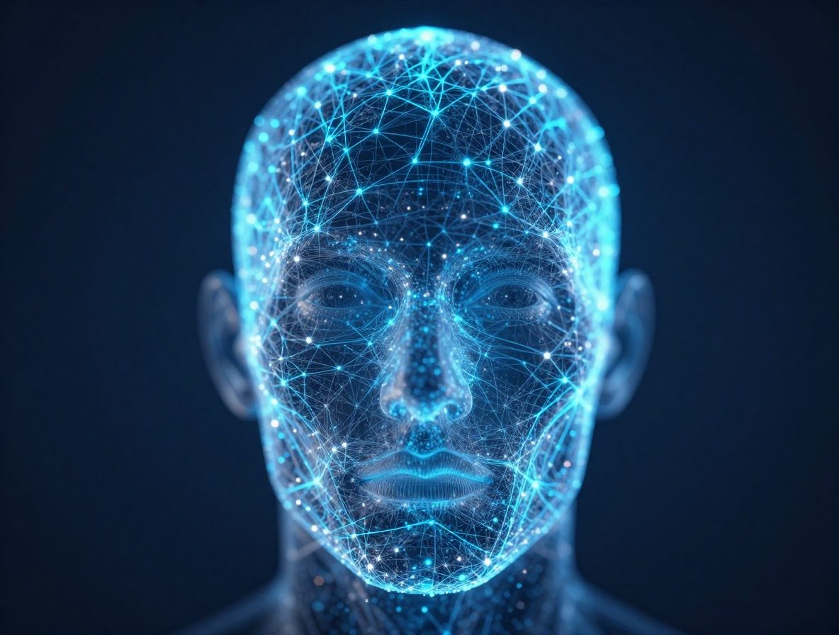 Futuristic digital human face made of glowing data particles and neural network connections on dark blue background