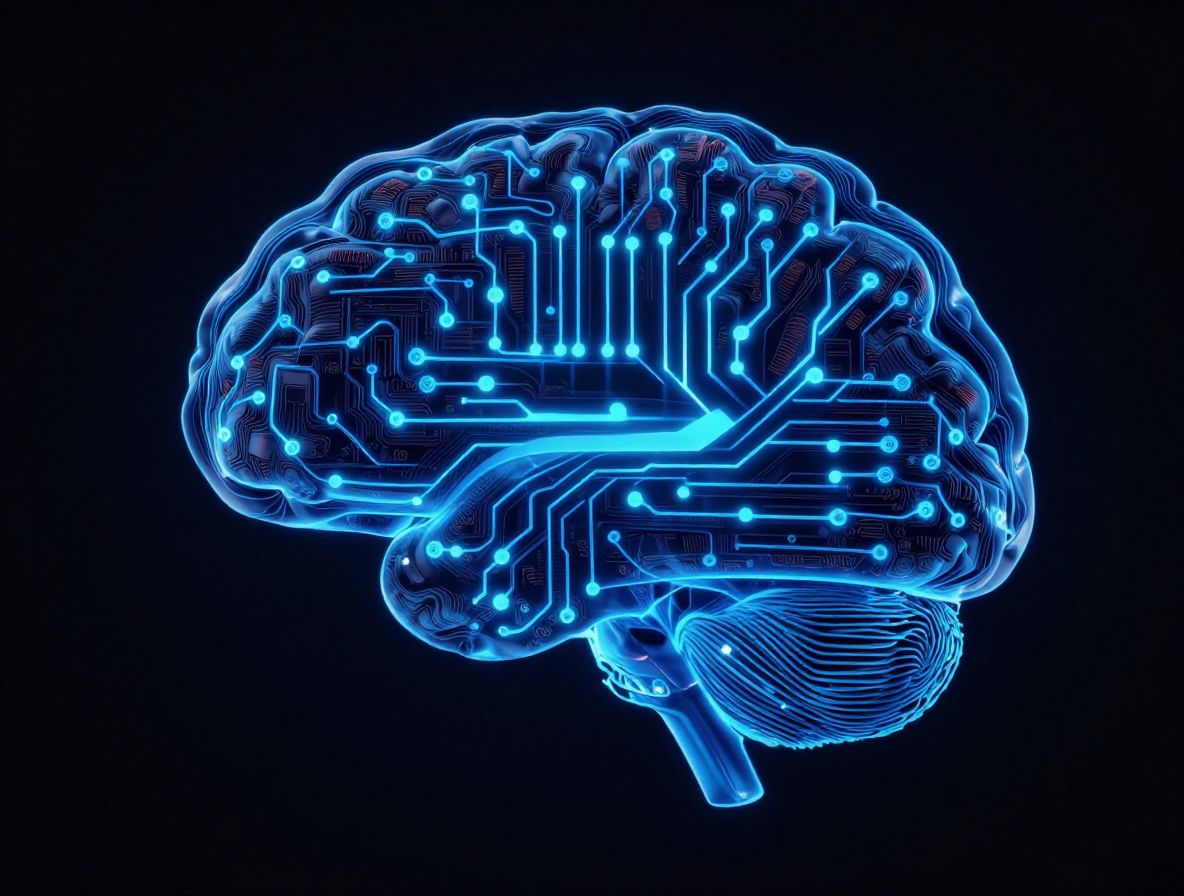 Abstract digital brain composed of glowing blue circuit lines on dark background representing artificial intelligence fundamentals