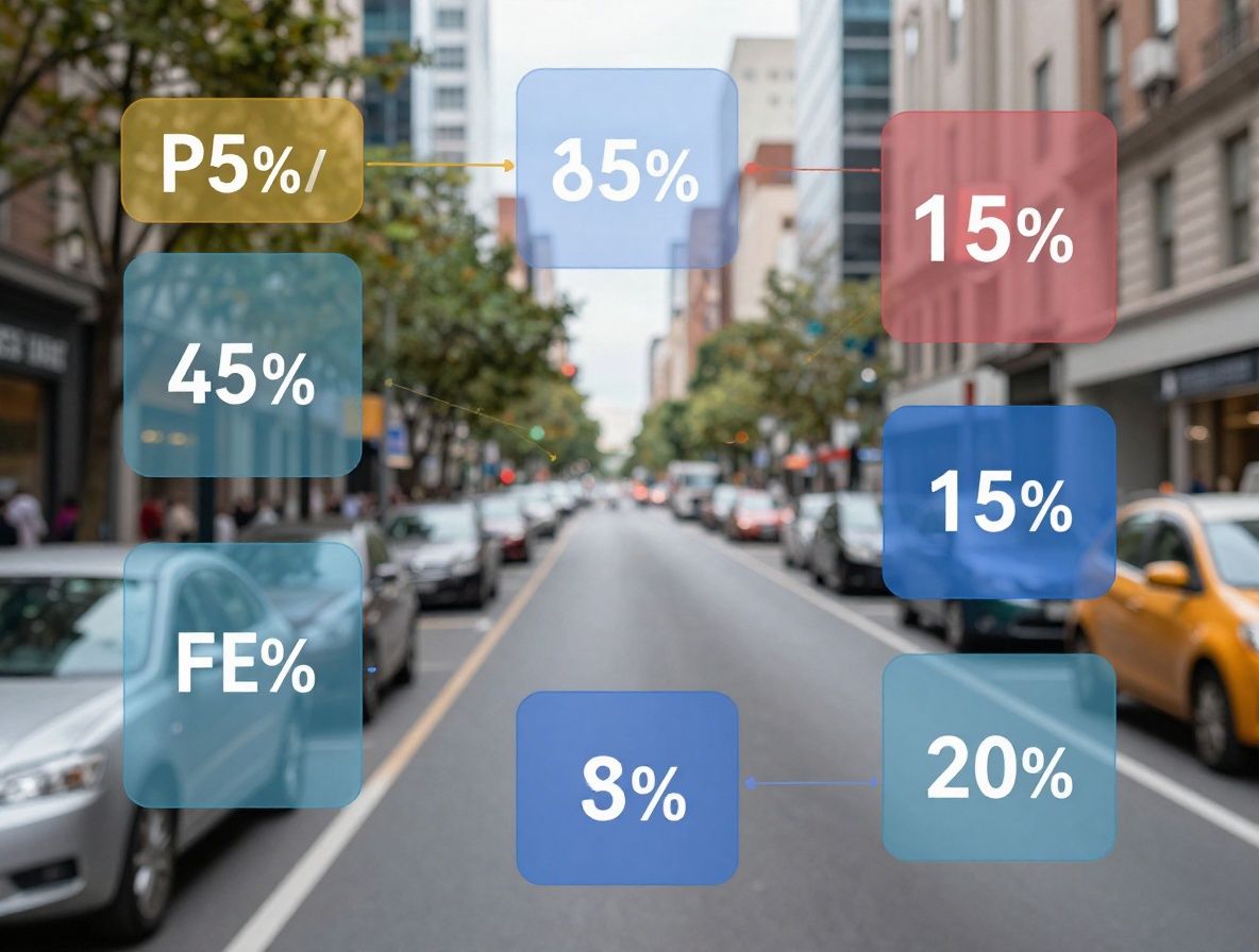 Computer vision system detecting and labeling objects in urban street scene with colorful bounding boxes and confidence scores displayed