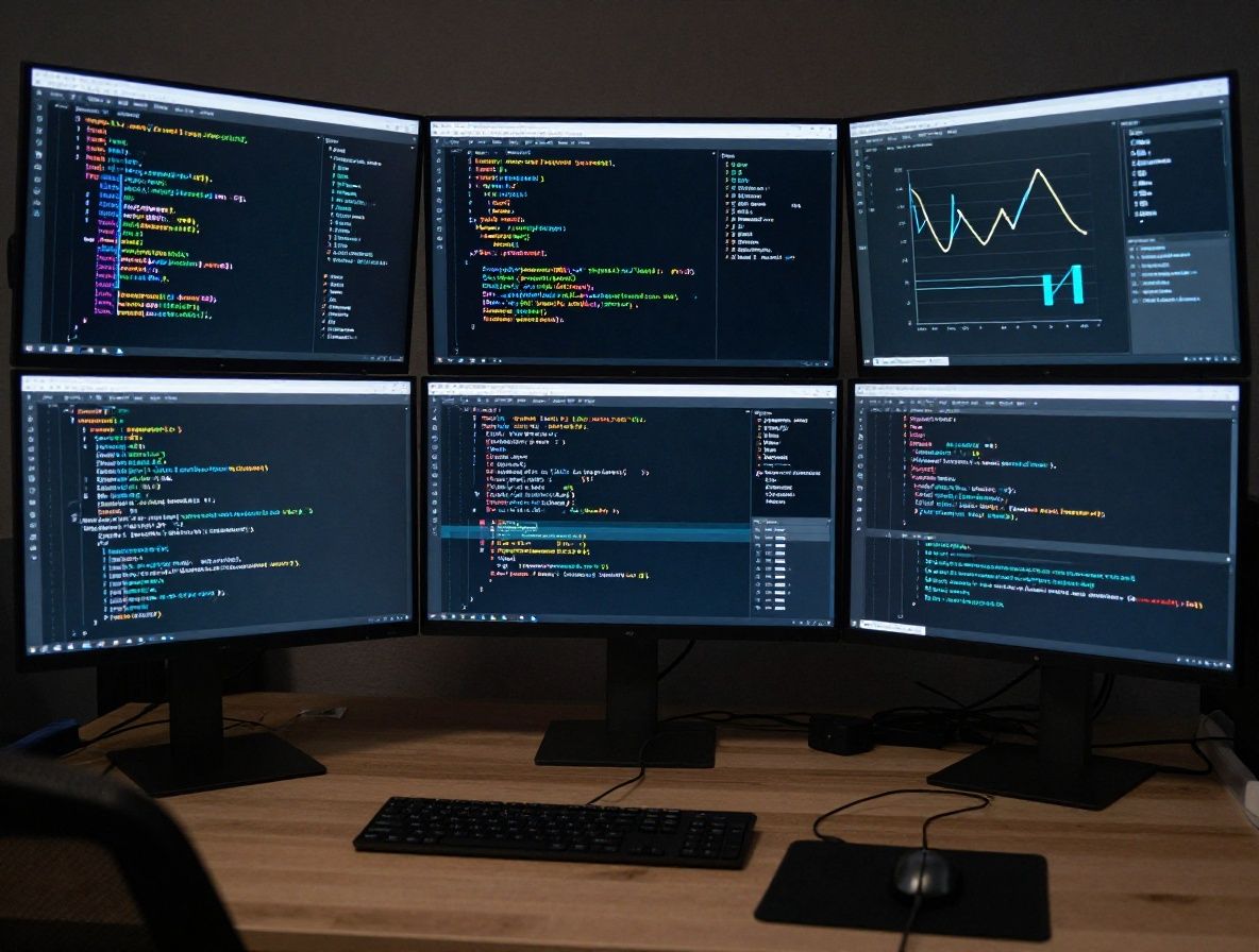 Data science workspace with multiple monitors showing machine learning graphs charts and Python code on dark screens