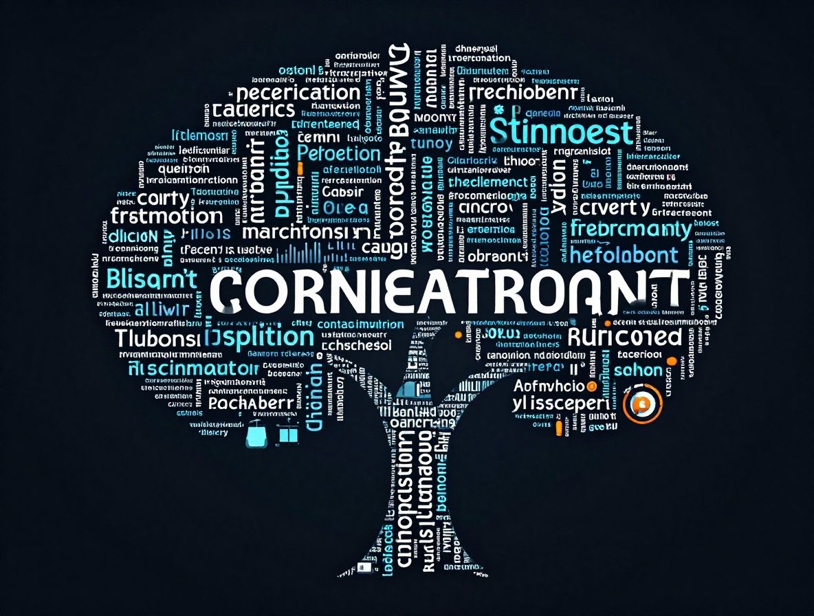 Text processing visualization with floating words linguistic tree diagrams and sentiment analysis charts on dark digital background