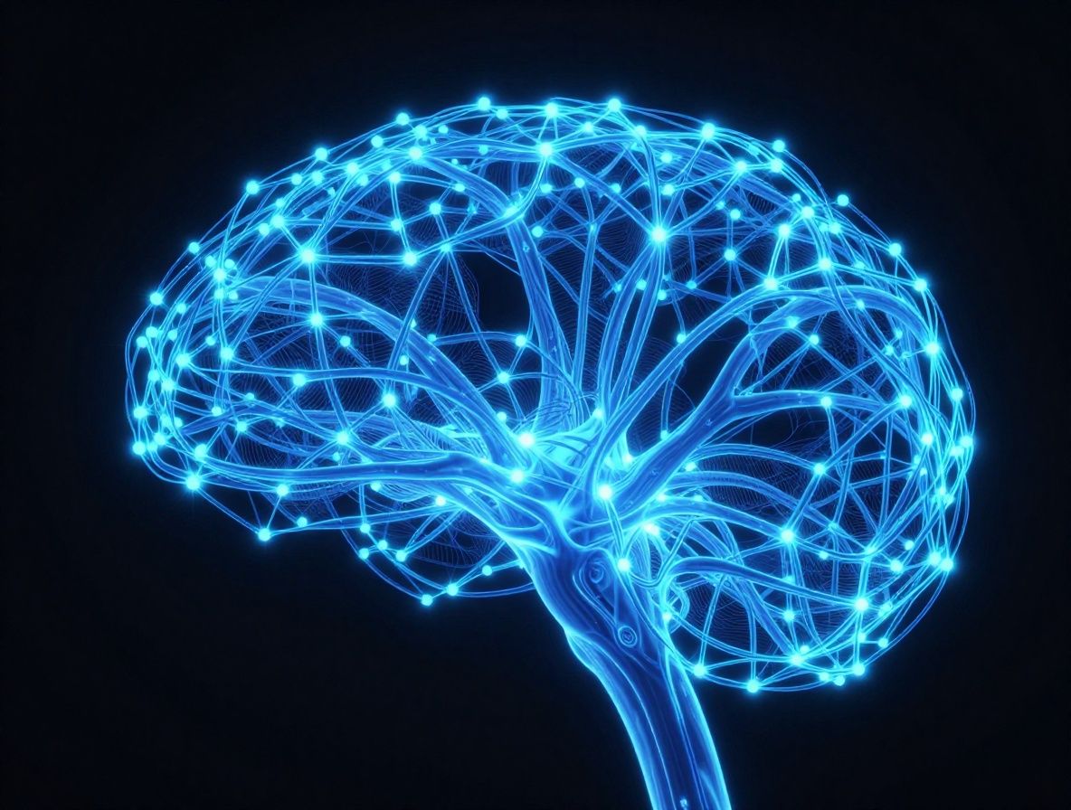 3D rendering of layered neural network architecture with glowing nodes and connections flowing through blue neon light tunnels