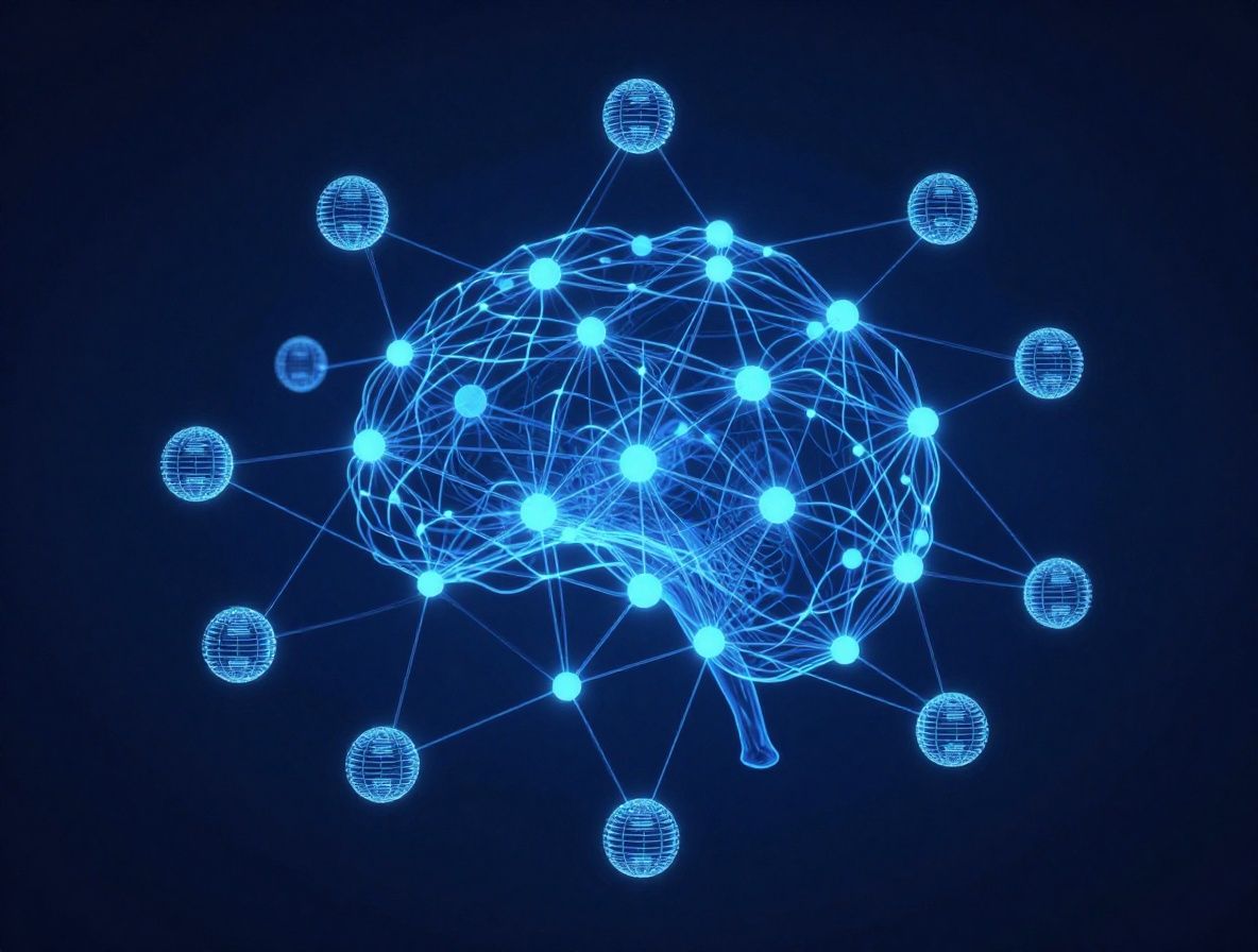 Глowing neural network visualization on dark blue background with interconnected nodes representing artificial intelligence architecture