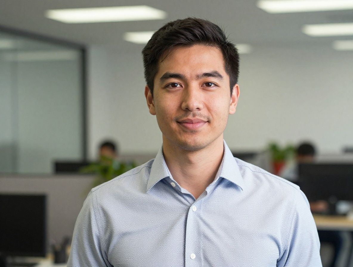 Professional headshot of male AI researcher in his 30s with dark hair wearing smart casual shirt against blurred office background
