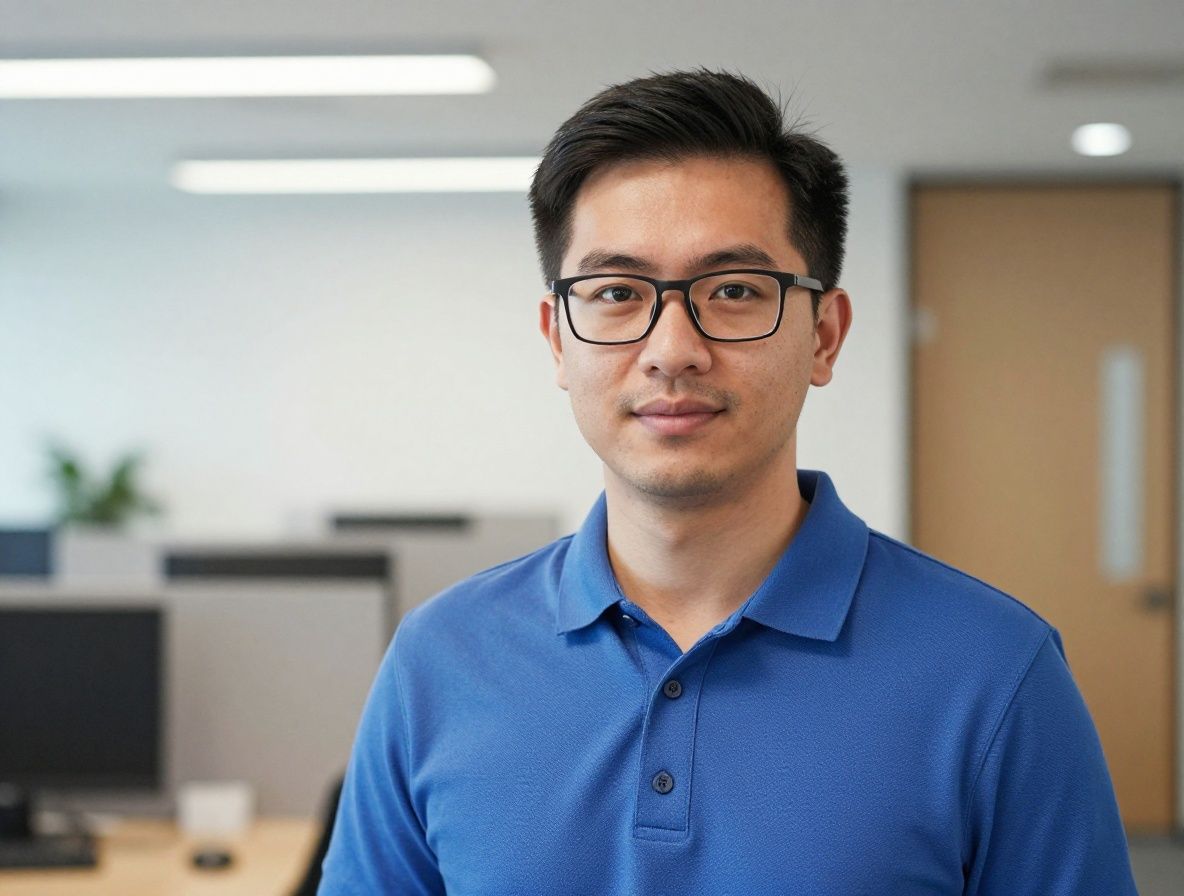 Professional headshot of male software engineer in his early 30s with glasses wearing blue polo shirt in well-lit modern office
