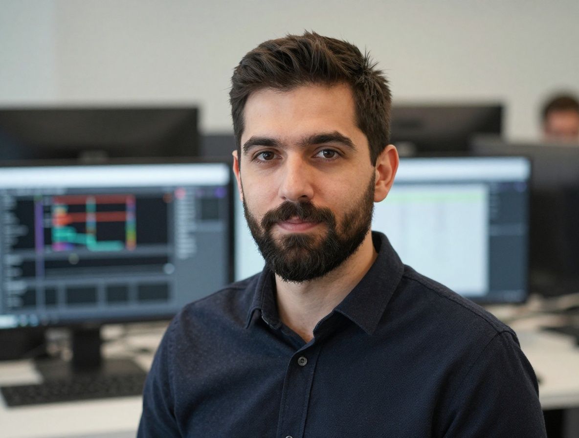 Professional headshot of male computer vision specialist in his mid-30s with neat beard wearing dark shirt against blurred tech office background