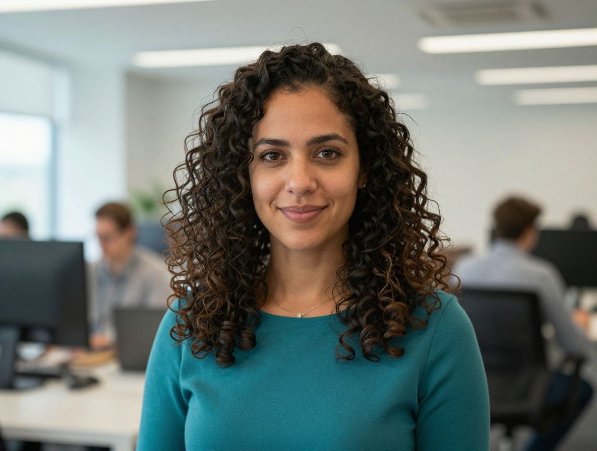 Professional headshot of female AI ethics researcher in her early 30s with curly hair wearing teal top in bright modern office environment