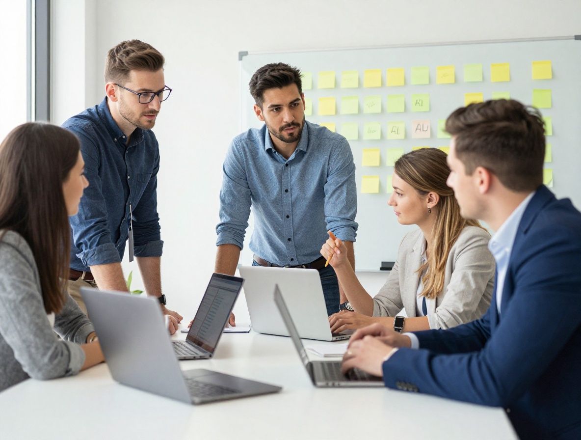 Small team of four tech professionals collaborating around a conference table with laptops, sticky notes on whiteboard, discussing AI project in bright Los Angeles office
